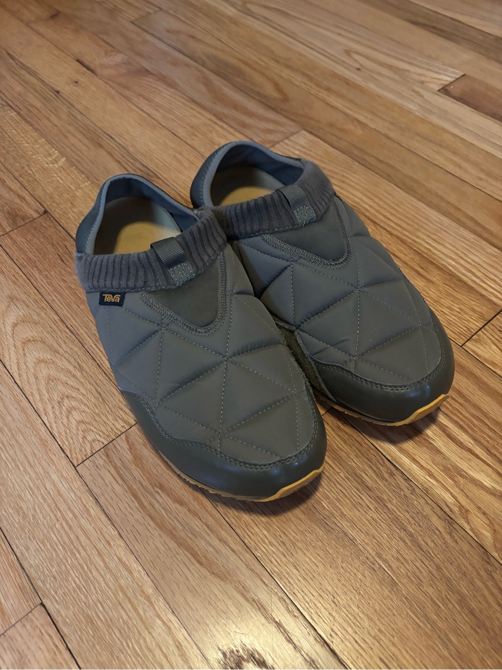 Teva Men’s Quilted Slip-On Moccasin in Olive Green with Yellow Accent